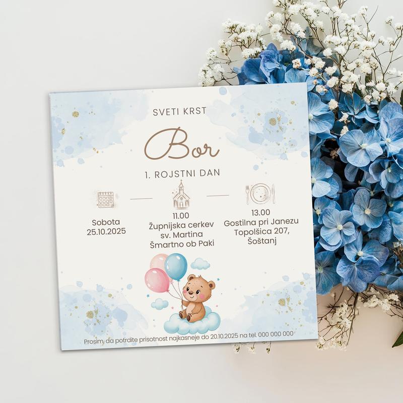 E-vabilo za sveti krst in rojstni dan - Medo